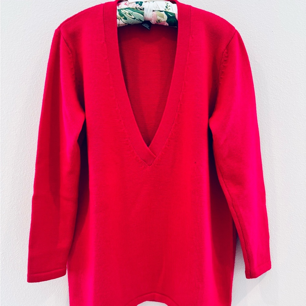 DKNY Wool Knit Deep-V Neck Tunic Sweater Hot Pink - EUC